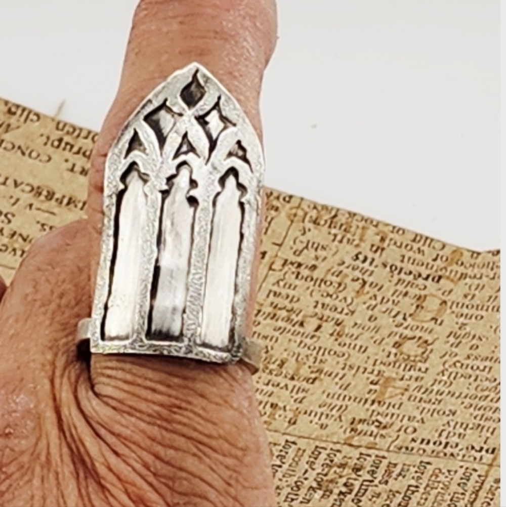 CATHEDRAL GOTHIC WINDOW TRACERY RING HANDMADE IN RECYCLED STERLING SILVER SZ 7 - Picture 5 of 6